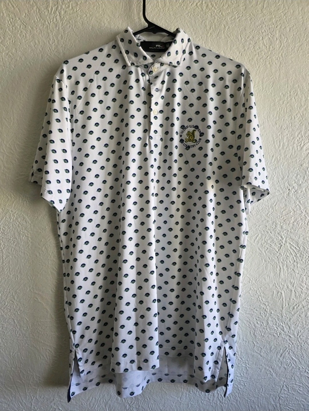 RLX Ralph Lauren White Polo with Floral Micro Print and Gold US Open Crest